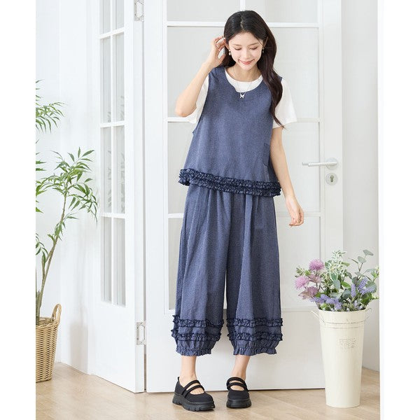 シャーリングフリル ストライプ バルーンパンツ ウエストゴム セットアップ対応 裾フリル