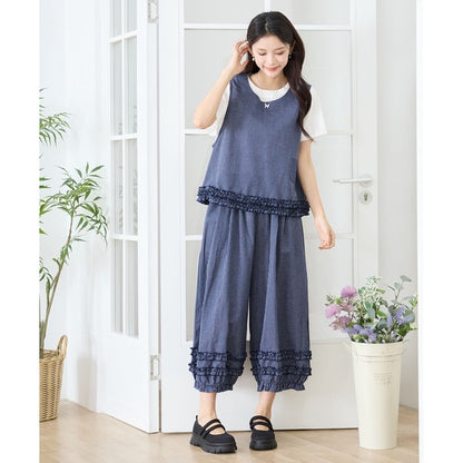 シャーリングフリル ストライプ バルーンパンツ ウエストゴム セットアップ対応 裾フリル