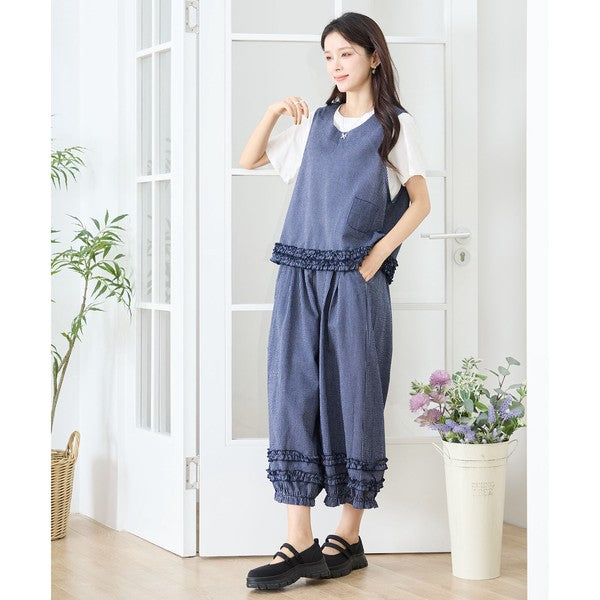 シャーリングフリル ストライプ バルーンパンツ ウエストゴム セットアップ対応 裾フリル