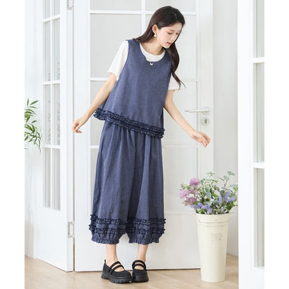 シャーリングフリル ストライプ バルーンパンツ ウエストゴム セットアップ対応 裾フリル