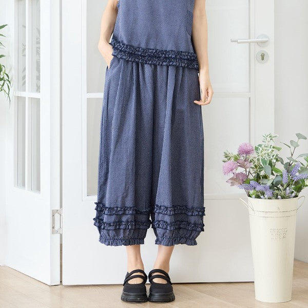 シャーリングフリル ストライプ バルーンパンツ ウエストゴム セットアップ対応 裾フリル