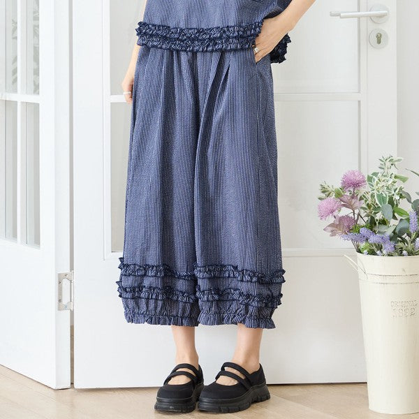 シャーリングフリル ストライプ バルーンパンツ ウエストゴム セットアップ対応 裾フリル