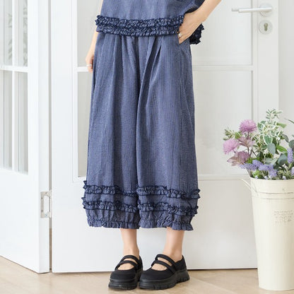 シャーリングフリル ストライプ バルーンパンツ ウエストゴム セットアップ対応 裾フリル