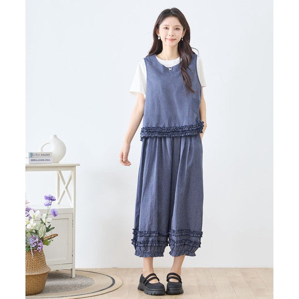 シャーリングフリル ストライプ バルーンパンツ ウエストゴム セットアップ対応 裾フリル