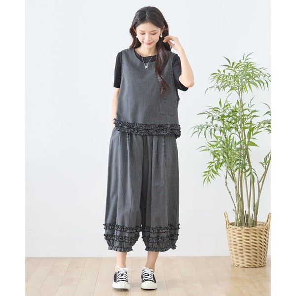 シャーリングフリル ストライプ バルーンパンツ ウエストゴム セットアップ対応 裾フリル