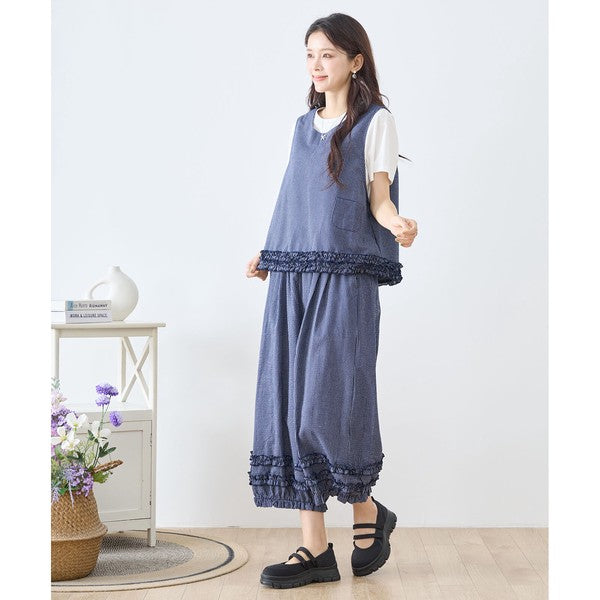 シャーリングフリル ストライプ バルーンパンツ ウエストゴム セットアップ対応 裾フリル