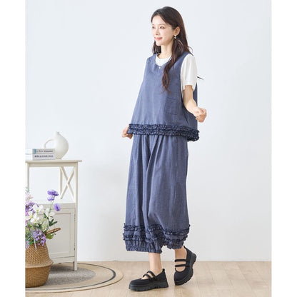 シャーリングフリル ストライプ バルーンパンツ ウエストゴム セットアップ対応 裾フリル