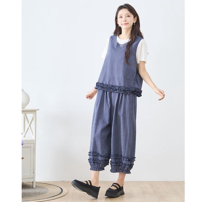 シャーリングフリル ストライプ バルーンパンツ ウエストゴム セットアップ対応 裾フリル