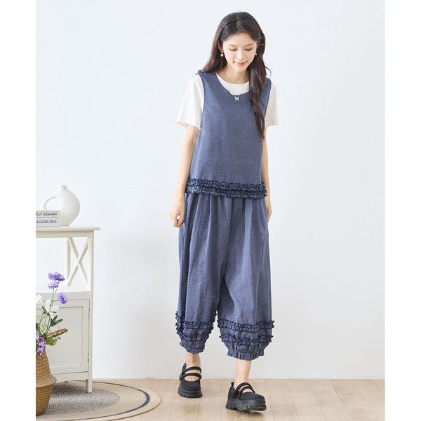 シャーリングフリル ストライプ バルーンパンツ ウエストゴム セットアップ対応 裾フリル