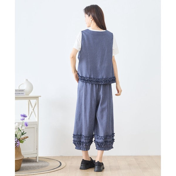 シャーリングフリル ストライプ バルーンパンツ ウエストゴム セットアップ対応 裾フリル