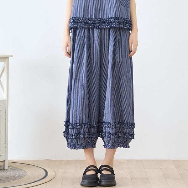 シャーリングフリル ストライプ バルーンパンツ ウエストゴム セットアップ対応 裾フリル