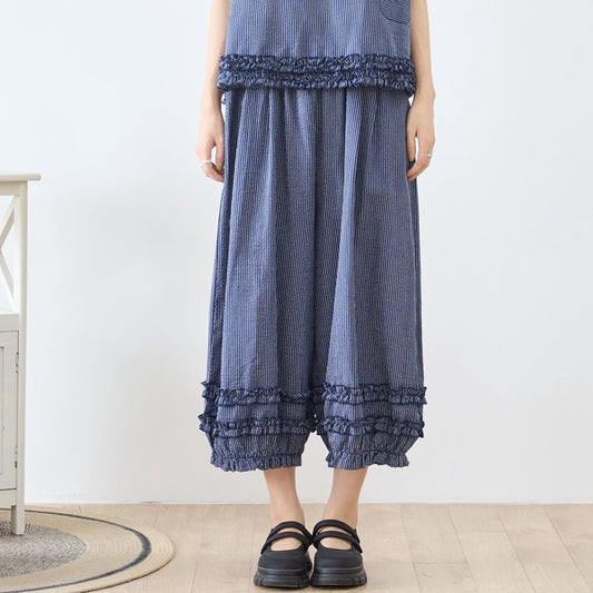 シャーリングフリル ストライプ バルーンパンツ ウエストゴム セットアップ対応 裾フリル