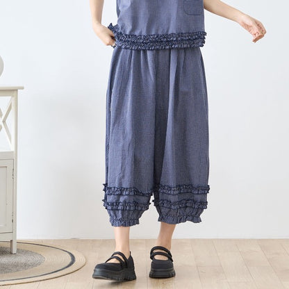 シャーリングフリル ストライプ バルーンパンツ ウエストゴム セットアップ対応 裾フリル