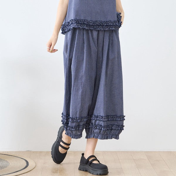シャーリングフリル ストライプ バルーンパンツ ウエストゴム セットアップ対応 裾フリル