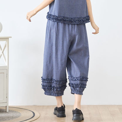 シャーリングフリル ストライプ バルーンパンツ ウエストゴム セットアップ対応 裾フリル