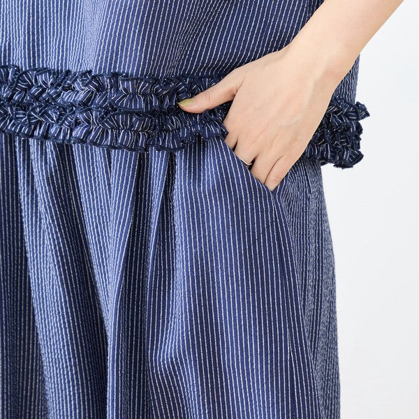 シャーリングフリル ストライプ バルーンパンツ ウエストゴム セットアップ対応 裾フリル
