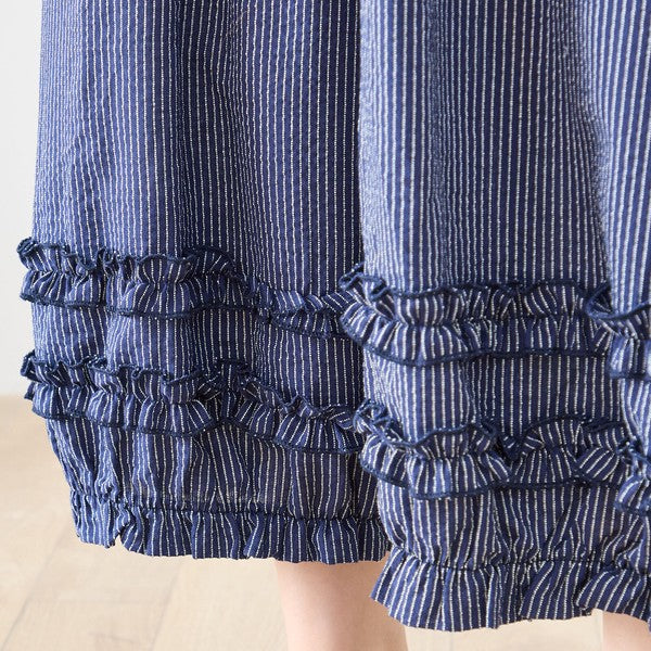 シャーリングフリル ストライプ バルーンパンツ ウエストゴム セットアップ対応 裾フリル