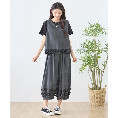 シャーリングフリル ストライプ バルーンパンツ ウエストゴム セットアップ対応 裾フリル