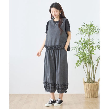 シャーリングフリル ストライプ バルーンパンツ ウエストゴム セットアップ対応 裾フリル