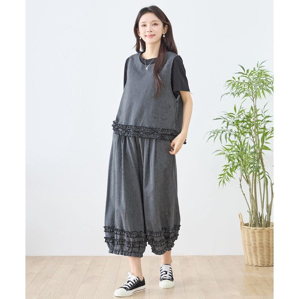 シャーリングフリル ストライプ バルーンパンツ ウエストゴム セットアップ対応 裾フリル