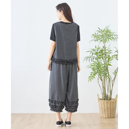 シャーリングフリル ストライプ バルーンパンツ ウエストゴム セットアップ対応 裾フリル