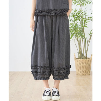 シャーリングフリル ストライプ バルーンパンツ ウエストゴム セットアップ対応 裾フリル