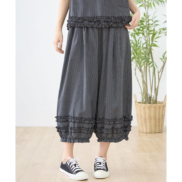 シャーリングフリル ストライプ バルーンパンツ ウエストゴム セットアップ対応 裾フリル