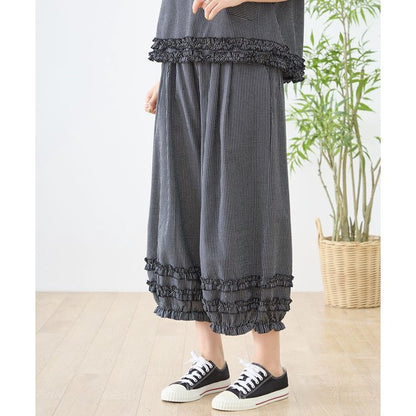 シャーリングフリル ストライプ バルーンパンツ ウエストゴム セットアップ対応 裾フリル