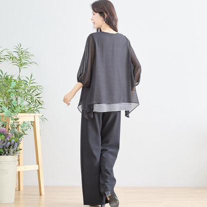 シアーレイヤード ボーダーデザイントップス 7分袖 ゆったり 体型カバー きれいめ