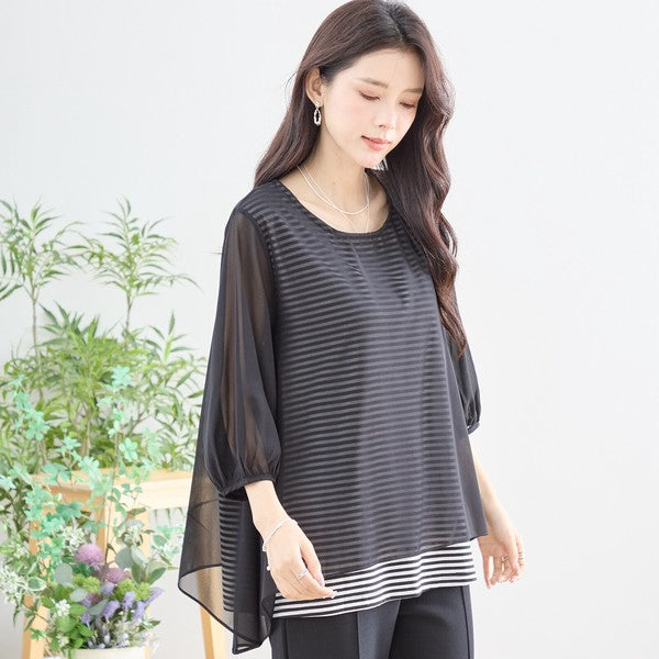 シアーレイヤード ボーダーデザイントップス 7分袖 ゆったり 体型カバー きれいめ