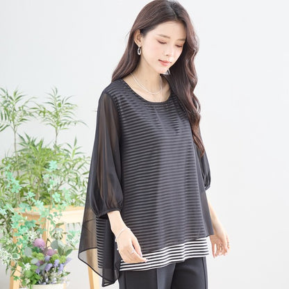 シアーレイヤード ボーダーデザイントップス 7分袖 ゆったり 体型カバー きれいめ