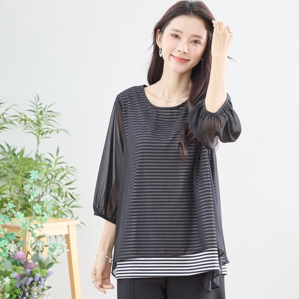 シアーレイヤード ボーダーデザイントップス 7分袖 ゆったり 体型カバー きれいめ
