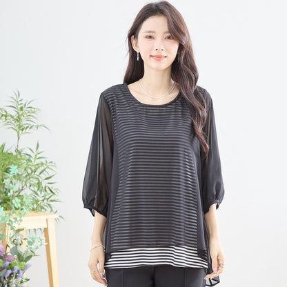 シアーレイヤード ボーダーデザイントップス 7分袖 ゆったり 体型カバー きれいめ
