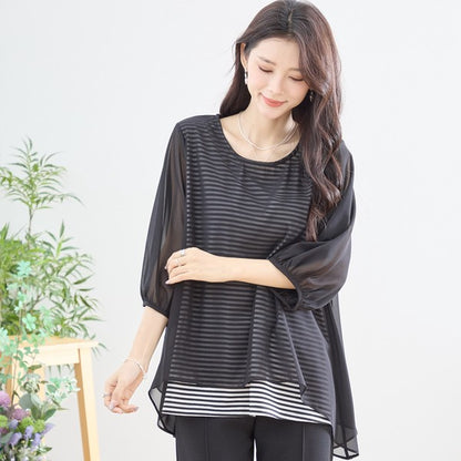 シアーレイヤード ボーダーデザイントップス 7分袖 ゆったり 体型カバー きれいめ