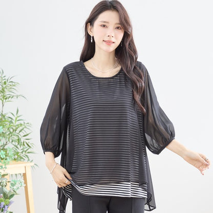 シアーレイヤード ボーダーデザイントップス 7分袖 ゆったり 体型カバー きれいめ