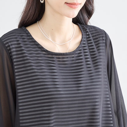 シアーレイヤード ボーダーデザイントップス 7分袖 ゆったり 体型カバー きれいめ
