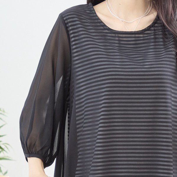 シアーレイヤード ボーダーデザイントップス 7分袖 ゆったり 体型カバー きれいめ