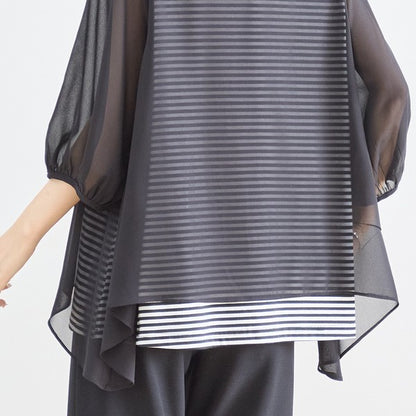 シアーレイヤード ボーダーデザイントップス 7分袖 ゆったり 体型カバー きれいめ