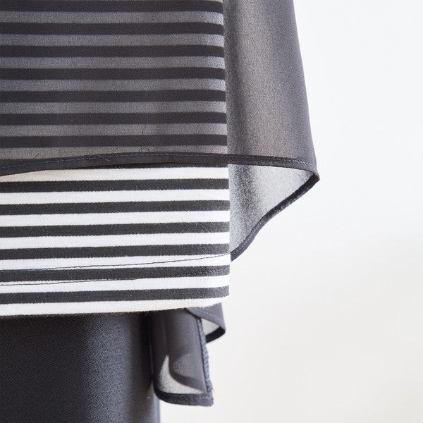 シアーレイヤード ボーダーデザイントップス 7分袖 ゆったり 体型カバー きれいめ