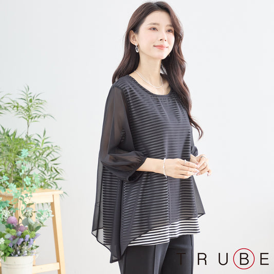 シアーレイヤード ボーダーデザイントップス 7分袖 ゆったり 体型カバー きれいめ