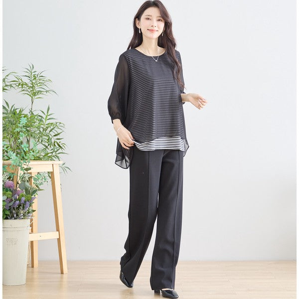 シアーレイヤード ボーダーデザイントップス 7分袖 ゆったり 体型カバー きれいめ