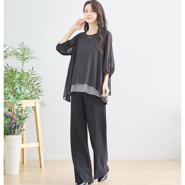 シアーレイヤード ボーダーデザイントップス 7分袖 ゆったり 体型カバー きれいめ