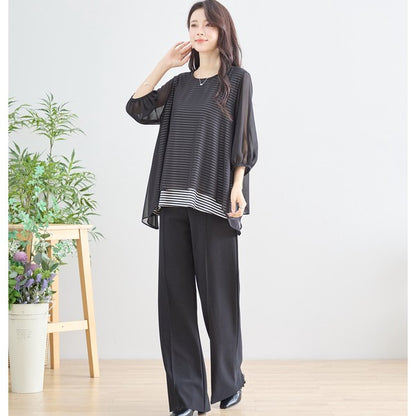 シアーレイヤード ボーダーデザイントップス 7分袖 ゆったり 体型カバー きれいめ