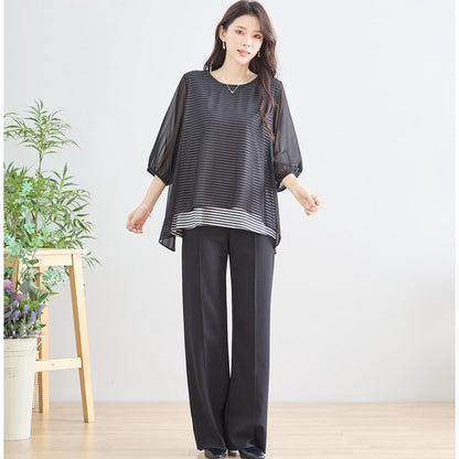 シアーレイヤード ボーダーデザイントップス 7分袖 ゆったり 体型カバー きれいめ