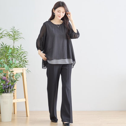 シアーレイヤード ボーダーデザイントップス 7分袖 ゆったり 体型カバー きれいめ