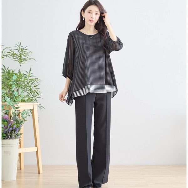 シアーレイヤード ボーダーデザイントップス 7分袖 ゆったり 体型カバー きれいめ