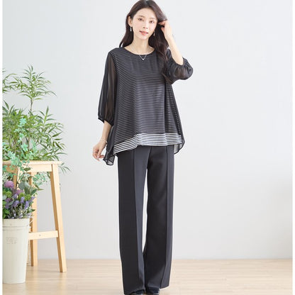 シアーレイヤード ボーダーデザイントップス 7分袖 ゆったり 体型カバー きれいめ