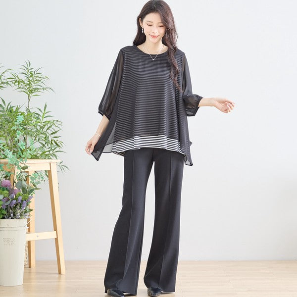 シアーレイヤード ボーダーデザイントップス 7分袖 ゆったり 体型カバー きれいめ