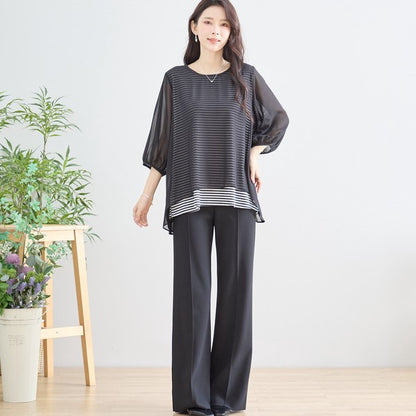 シアーレイヤード ボーダーデザイントップス 7分袖 ゆったり 体型カバー きれいめ