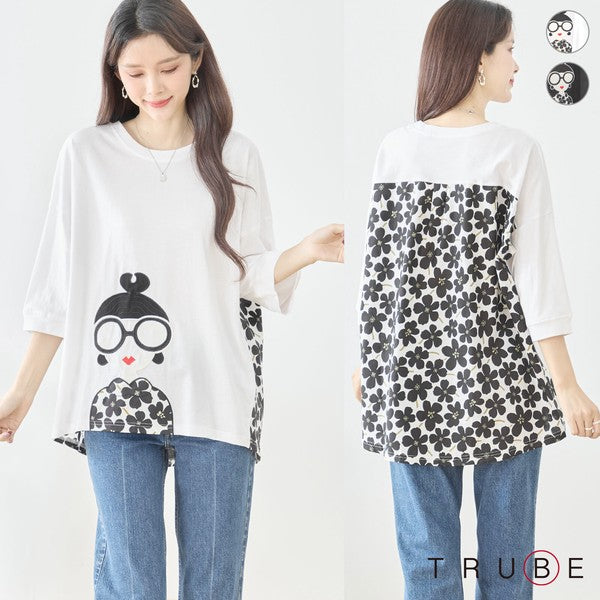 メガネガール 切替 バックプリント Tシャツ 綿100% 異素材 ドッキング 半袖